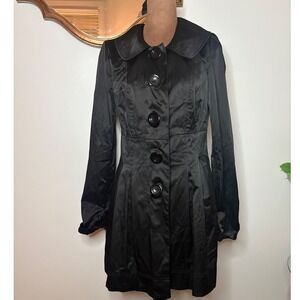 I.N. San Francisco Women's Black Satin Collared Button Front Trench Coat M
